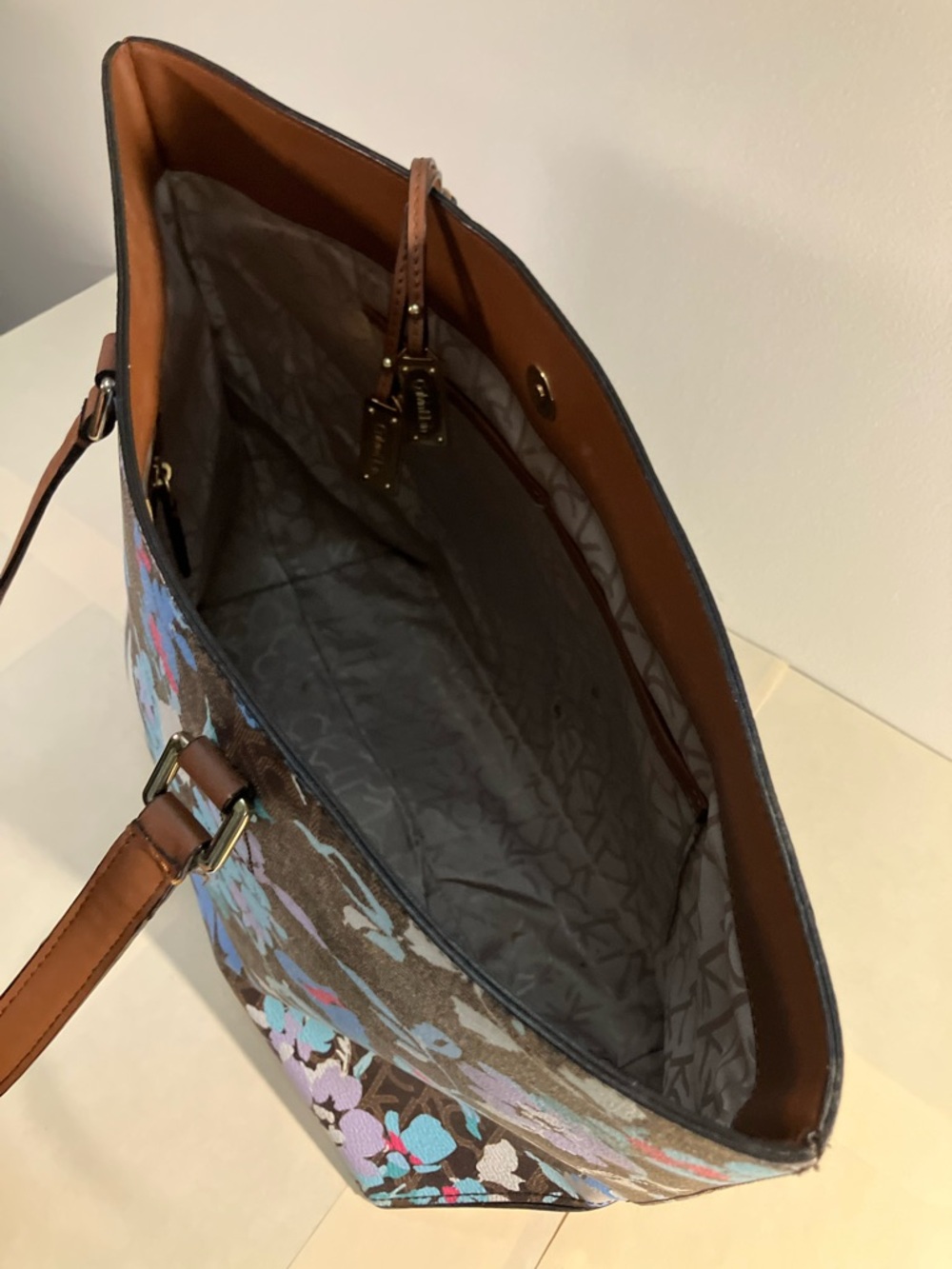 Calvin Klein Brown Floral Tote with Blue, Purple & Pink Accents - Picture 6 of 8
